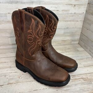 J.B. Dillon Men Sz 11.5 Pullon Western Leather Oil Resist Boots Square Toe Brown